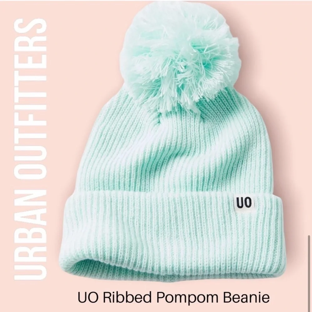 Urban Outfitters UO Ribbed Pompom Green Mint Beanie NWT - Picture 1 of 7